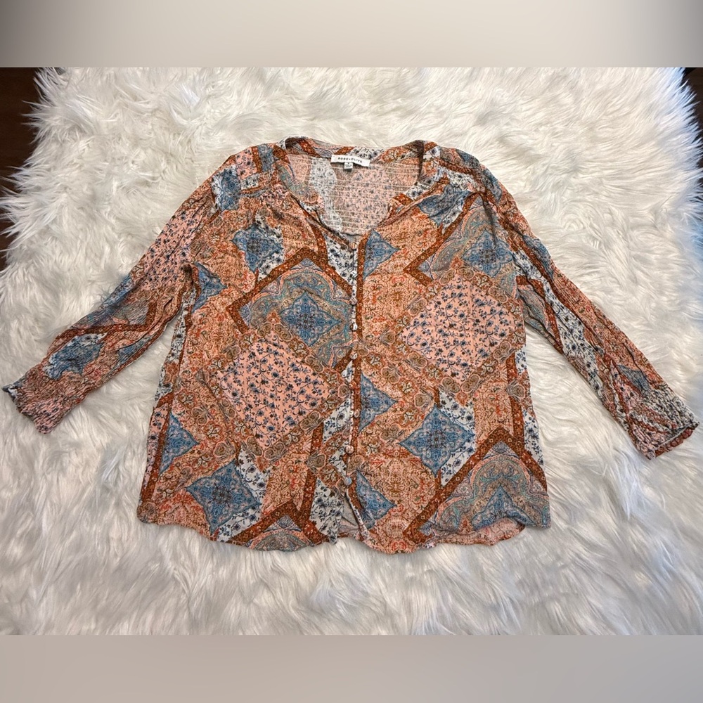 Rose + Olive | New w/o Tags Women’s Small Colorful Rayon Blouse with ¾ Sleeve